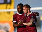 18 July 2025; Stephen Walsh of Galway United, right, celebrates with team-mate Malcolm Shaw after scoring their side's first goal during the Sports Direct Men’s FAI Cup second round match between Galway United and Tolka Rovers at Eamonn Deacy Park in Galway. Photo by Piaras Ó Mídheach/Sportsfile