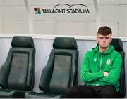 18 July 2025; Callum Honohan of Shamrock Rovers sits in the dugout before the Sports Direct Men’s FAI Cup second round match between Shamrock Rovers and Wexford at Tallaght Stadium in Dublin. Photo by Thomas Flinkow/Sportsfile