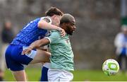 18 July 2025; Dipo Akinyemi of Derry City in action against Robbie Lynch of Treaty United during the Sports Direct Men’s FAI Cup second round match between Treaty United and Derry City at Markets Field in Limerick. Photo by Stephen McCarthy/Sportsfile
