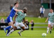 18 July 2025; Dipo Akinyemi of Derry City in action against Robbie Lynch of Treaty United during the Sports Direct Men’s FAI Cup second round match between Treaty United and Derry City at Markets Field in Limerick. Photo by Stephen McCarthy/Sportsfile