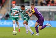 18 July 2025; Victor Ozhianvuna of Shamrock Rovers in action against Michael McCarthy of Wexford during the Sports Direct Men’s FAI Cup second round match between Shamrock Rovers and Wexford at Tallaght Stadium in Dublin. Photo by Thomas Flinkow/Sportsfile