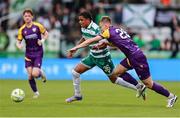 18 July 2025; Victor Ozhianvuna of Shamrock Rovers in action against Michael McCarthy of Wexford during the Sports Direct Men’s FAI Cup second round match between Shamrock Rovers and Wexford at Tallaght Stadium in Dublin. Photo by Thomas Flinkow/Sportsfile