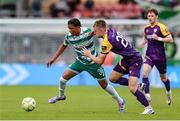 18 July 2025; Victor Ozhianvuna of Shamrock Rovers in action against Michael McCarthy of Wexford during the Sports Direct Men’s FAI Cup second round match between Shamrock Rovers and Wexford at Tallaght Stadium in Dublin. Photo by Thomas Flinkow/Sportsfile