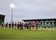 18 July 2025; Players shake hands before the Sports Direct Men’s FAI Cup second round match between Shamrock Rovers and Wexford at Tallaght Stadium in Dublin. Photo by Thomas Flinkow/Sportsfile