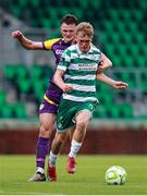 18 July 2025; Michael Noonan of Shamrock Rovers in action against Dean Larkin of Wexford during the Sports Direct Men’s FAI Cup second round match between Shamrock Rovers and Wexford at Tallaght Stadium in Dublin. Photo by Thomas Flinkow/Sportsfile