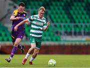 18 July 2025; Michael Noonan of Shamrock Rovers in action against Dean Larkin of Wexford during the Sports Direct Men’s FAI Cup second round match between Shamrock Rovers and Wexford at Tallaght Stadium in Dublin. Photo by Thomas Flinkow/Sportsfile