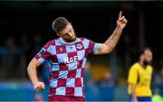 18 July 2025; Conor Keeley of Drogheda United celebrates after scoring his side's first goal during the Sports Direct Men’s FAI Cup second round match between Drogheda United and Crumlin United at Sullivan & Lambe Park in Drogheda, Louth. Photo by Tyler Miller/Sportsfile
