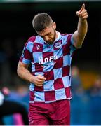 18 July 2025; Conor Keeley of Drogheda United celebrates after scoring his side's first goal during the Sports Direct Men’s FAI Cup second round match between Drogheda United and Crumlin United at Sullivan & Lambe Park in Drogheda, Louth. Photo by Tyler Miller/Sportsfile
