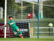 18 July 2025; Waterford goalkeeper Stephen McMullan conceeds a goal, a penalty, scored by Dean Casey of St Mochta's during the Sports Direct Men’s FAI Cup second round match between Waterford and St Mochta’s at the Regional Sports Centre in Waterford. Photo by Michael P Ryan/Sportsfile