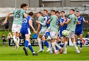 18 July 2025; Alex Bannon of Derry City heads his side's second goal during the Sports Direct Men’s FAI Cup second round match between Treaty United and Derry City at Markets Field in Limerick. Photo by Stephen McCarthy/Sportsfile