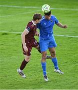 18 July 2025; Tyrick Reilly of Tolka Rovers in action against Cillian Tollett of Galway United during the Sports Direct Men’s FAI Cup second round match between Galway United and Tolka Rovers at Eamonn Deacy Park in Galway. Photo by Piaras Ó Mídheach/Sportsfile