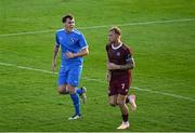 18 July 2025; Dylan Molloy of Tolka Rovers has a word with Stephen Walsh of Galway United during the Sports Direct Men’s FAI Cup second round match between Galway United and Tolka Rovers at Eamonn Deacy Park in Galway. Photo by Piaras Ó Mídheach/Sportsfile