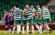 18 July 2025; Shamrock Rovers players celebrate their side's third goal, scored by Rory Gaffney, 20, during the Sports Direct Men’s FAI Cup second round match between Shamrock Rovers and Wexford at Tallaght Stadium in Dublin. Photo by Thomas Flinkow/Sportsfile