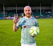 18 July 2025; Liam Boyce of Derry City with the matchball after scoring three goals in the Sports Direct Men’s FAI Cup second round match between Treaty United and Derry City at Markets Field in Limerick. Photo by Stephen McCarthy/Sportsfile
