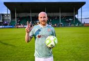 18 July 2025; Liam Boyce of Derry City with the matchball after scoring three goals in the Sports Direct Men’s FAI Cup second round match between Treaty United and Derry City at Markets Field in Limerick. Photo by Stephen McCarthy/Sportsfile