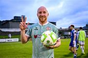 18 July 2025; Liam Boyce of Derry City with the matchball after scoring three goals in the Sports Direct Men’s FAI Cup second round match between Treaty United and Derry City at Markets Field in Limerick. Photo by Stephen McCarthy/Sportsfile