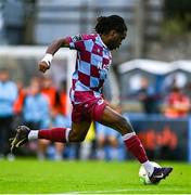 18 July 2025; Thomas Oluwa of Drogheda United shoots to score his side's second goal during the Sports Direct Men’s FAI Cup second round match between Drogheda United and Crumlin United at Sullivan & Lambe Park in Drogheda, Louth. Photo by Tyler Miller/Sportsfile