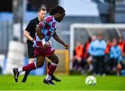18 July 2025; Thomas Oluwa of Drogheda United shoots to score his side's second goal during the Sports Direct Men’s FAI Cup second round match between Drogheda United and Crumlin United at Sullivan & Lambe Park in Drogheda, Louth. Photo by Tyler Miller/Sportsfile