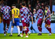 18 July 2025; Thomas Oluwa of Drogheda United, second from right, celebrates with teammates after scoring their side's second goal during the Sports Direct Men’s FAI Cup second round match between Drogheda United and Crumlin United at Sullivan & Lambe Park in Drogheda, Louth. Photo by Tyler Miller/Sportsfile