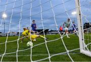 18 July 2025; Danny Mullen of Derry City scores his side's fifth goal past Treaty United goalkeeper Corey Chambers during the Sports Direct Men’s FAI Cup second round match between Treaty United and Derry City at Markets Field in Limerick. Photo by Stephen McCarthy/Sportsfile