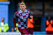 18 July 2025; Josh Thomas of Drogheda United celebrates after scoring his side's third goal, a penalty, during the Sports Direct Men’s FAI Cup second round match between Drogheda United and Crumlin United at Sullivan & Lambe Park in Drogheda, Louth. Photo by Tyler Miller/Sportsfile
