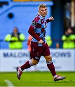 18 July 2025; Josh Thomas of Drogheda United celebrates after scoring his side's third goal, a penalty, during the Sports Direct Men’s FAI Cup second round match between Drogheda United and Crumlin United at Sullivan & Lambe Park in Drogheda, Louth. Photo by Tyler Miller/Sportsfile