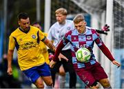 18 July 2025; Josh Thomas of Drogheda United in action against Aidan Friel of Crumlin United during the Sports Direct Men’s FAI Cup second round match between Drogheda United and Crumlin United at Sullivan & Lambe Park in Drogheda, Louth. Photo by Tyler Miller/Sportsfile