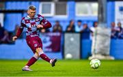 18 July 2025; Josh Thomas of Drogheda United shoots to score his side's third goal, a penalty, during the Sports Direct Men’s FAI Cup second round match between Drogheda United and Crumlin United at Sullivan & Lambe Park in Drogheda, Louth. Photo by Tyler Miller/Sportsfile