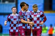 18 July 2025; Josh Thomas of Drogheda United, right, celebrates with teammate Owen Lambe after scoring their side's third goal during the Sports Direct Men’s FAI Cup second round match between Drogheda United and Crumlin United at Sullivan & Lambe Park in Drogheda, Louth. Photo by Tyler Miller/Sportsfile
