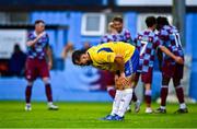 18 July 2025; Jack Funge of Crumlin United reacts after his side concede their fourth goal during the Sports Direct Men’s FAI Cup second round match between Drogheda United and Crumlin United at Sullivan & Lambe Park in Drogheda, Louth. Photo by Tyler Miller/Sportsfile