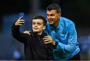 18 July 2025; Drogheda United manager Kevin Doherty with a young Drogheda United supporter after the Sports Direct Men’s FAI Cup second round match between Drogheda United and Crumlin United at Sullivan & Lambe Park in Drogheda, Louth. Photo by Tyler Miller/Sportsfile