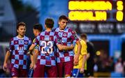 18 July 2025; John O'Sullivan of Drogheda United, right, celebrates with teammate Owen Lambe after scoring their side's fifth goal during the Sports Direct Men’s FAI Cup second round match between Drogheda United and Crumlin United at Sullivan & Lambe Park in Drogheda, Louth. Photo by Tyler Miller/Sportsfile