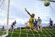18 July 2025; Alex Bannon of Derry City, hidden, scores his side's second goal past Treaty United goalkeeper Corey Chambers during the Sports Direct Men’s FAI Cup second round match between Treaty United and Derry City at Markets Field in Limerick. Photo by Stephen McCarthy/Sportsfile