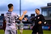 18 July 2025; Derry City manager Tiernan Lynch and goalkeeper Brian Maher after the Sports Direct Men’s FAI Cup second round match between Treaty United and Derry City at Markets Field in Limerick. Photo by Stephen McCarthy/Sportsfile
