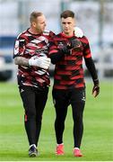 18 July 2025; Derry City goalkeeping coach Anthony Fennelly and goalkeeper Brian Maher before the Sports Direct Men’s FAI Cup second round match between Treaty United and Derry City at Markets Field in Limerick. Photo by Stephen McCarthy/Sportsfile