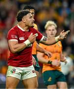 19 July 2025; Sione Tuipulotu of British & Irish Lions celebrates after scoring his side's first try during the first test match between Australia and the British & Irish Lions at Suncorp Stadium in Brisbane, Australia. Photo by Brendan Moran/Sportsfile