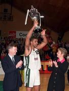 26 January 1997; Denny Notre Dame player-coach Anthony Jenkins lifts the cup following the Senior Men's National Cup Final match between Denny Notre Dame and St Vincents at the National Basketball Arena in Tallaght, Dublin. Photo By Brendan Moran/Sportsfile.