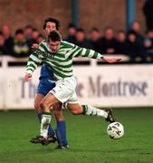 17 January 1999; Billy Woods of Shamrock Rovers in action against Alan Mahon of UCD during the Harp Lager National League Premier Division match between UCD and Shamrock Rovers at Belfield Park in Dublin. Photo by Ray McManus/Sportsfile