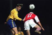 18 September 1998; Brendan Place of Bohemians, in action against Ian Gilzean of St Patrick's Athletic during the Harp Lager National League Premier Division match between St Patrick's Athletic and Bohemians at Richmond Park in Dublin. Photo by Brendan Moran/Sportsfile.