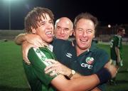 26 July 1998; Liam George of Republic of Ireland celebrates with Republic of Ireland manager Brian Kerr, right, and assistant coach Noel O'Reilly following the UEFA European Under-18 Championship Final between Germany and Republic of Ireland at GSZ Stadium in Larnaca, Cyprus. Photo by David Maher/Sportsfile.