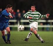 17 January 1999; Brian Morrisroe of Shamrock Rovers in actiom against Ciaran Kavanagh of UCD during the Harp Lager National League Premier Division match between UCD and Shamrock Rovers at Belfield Park in Dublin. Photo by Ray McManus/Sportsfile