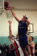 17 January 1999; Chris Doyal of St Vincent's attempts a lay up despite the attentions of John Leahy of Star of the Sea during the ESB Men's Superleague basketball match between St Vincent's and Star of The Sea at St Vincent's Basketball Club in Glasnevin, Dublin. Photo By Brendan Moran/Sportsfile.