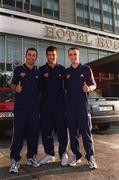 27 August 1998; Cork City players from left Kelvin Flanagan, Brian Barry Murphy and Ollie Cahill outside the team hotel ahead of their UEFA Cup Winners Cup Preliminary Round 2nd Leg between CSKA Kyiv and Cork City at Dynamo Staium in Kyiv, Ukraine. Photo by Matt Browne/Sportsfile
