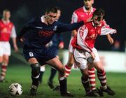 9 January 1999; Darragh Maguire of Glenmore Celtic in action against Trevor Molloy of St Patrick's Athletic during the Harp Lager League Cup First Round match between St Patrick's Athletic and Glemore Celtic at Richmond Park in Dublin. Photo by Brendan Moran/Sportsfile