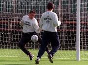 13 October 1998; Dan Kiely, left, saves a shot from Robbie Keane during a Republic of Ireland Training Session at Lansdowne Road in Dublin. Photo By Brendan Moran/Sportsfile.
