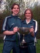 20 April 1998; Ireland Under 18 Women Joint Captains Susan Moran, left, and Denise Walsh, with the cup during the homecoming of Ireland Under-18 Basketball Team, after winning the 4 Nations Tournament in Wales, at Dublin Airport in Dublin. Photo by Matt Browne/Sportsfile.