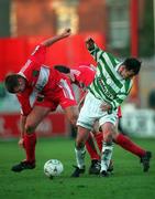 15 November 1998; Derek Coughlan of Cork City in action against Derek Treacy of Shamrock Rovers during the Harp Lager National League Premier Division match between Shamrock Rovers and Cork City at Tolka Park in Dublin. Photo by Damien Eagers/Sportsfile.