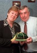 23 April 1998; Richard Dunne's parents Dick and Phyllis pose with one of Richard's underage international caps after he received his first cap for the Republic of Ireland in Tallaght, Dublin. Photo by David Maher/Sportsfile.