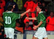 14 October 1998; Gary Breen of Republic of Ireland, right, celebrates with team-mate Robbie Keane after scoring his side's fiftth goal during the UEFA Euro 2000 Group 8 Qualifier between Republic of Ireland and Malta at Lansdowne Road in Dublin. Photo by Brendan Moran /Sportsfile.