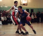 17 January 1999; Karl Donnelly of St Vincent's in action against Gary O'Neill of Star of The Sea during the ESB Men's Superleague basketball match between St Vincent's and Star of The Sea at St Vincent's Basketball Club in Glasnevin, Dublin. Photo By Brendan Moran/Sportsfile.